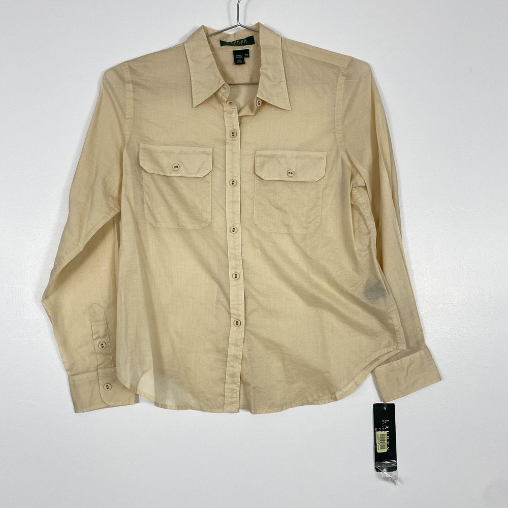 Lauren Ralph Lauren Shirt Womens Petite Medium Beige Button Front Long Sleeve